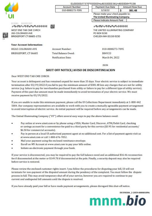 USA Massachusetts Chelsea United Illuminating Firma rachunek za media zawiadomienie odcinający, Word i PDF szablon